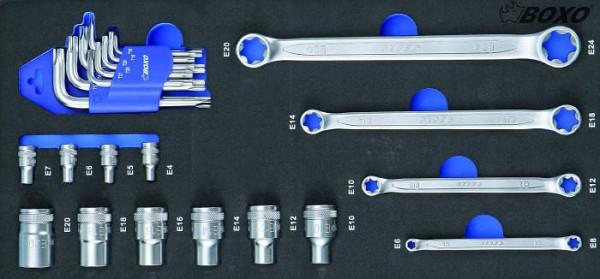 Jeu de clés à douille Boxo 1/2" et 1/4" TX-E et clé polygonale TX, 23 pièces, UE : 10 pièces, BX051