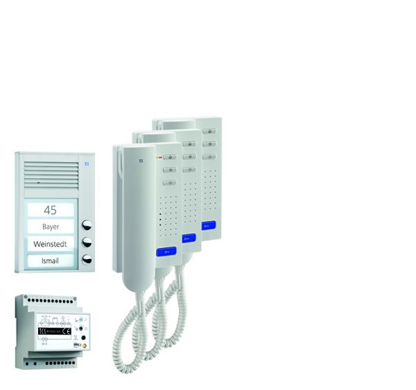 Système de commande de porte audio TCS : pack AP pour 3 unités résidentielles, avec poste extérieur PAK 3 boutons de sonnerie, 3x interphones ISH3030, unité de commande BVS20, PPA03-EN / 02