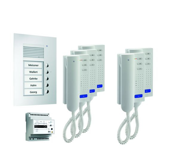 Système de contrôle de porte audio TCS : pack UP pour 5 unités résidentielles, avec poste extérieur PUK 5 boutons de sonnerie, 5x interphones ISH3030, unité de contrôle BVS20, PPU05-EN / 02