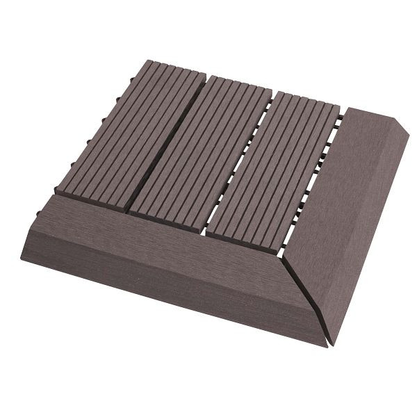 Mendler WPC carrelage de sol d'angle Rhone + fin, terrasse aspect bois, 30x30cm Premium, coin gauche, linéaire gris, 77609