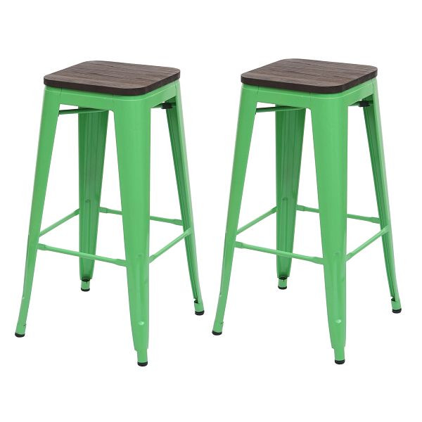 Ensemble de 2 tabourets de bar Mendler HWC-A73 avec siège en bois, tabouret de bar, design industriel en métal, empilable, vert, 70396