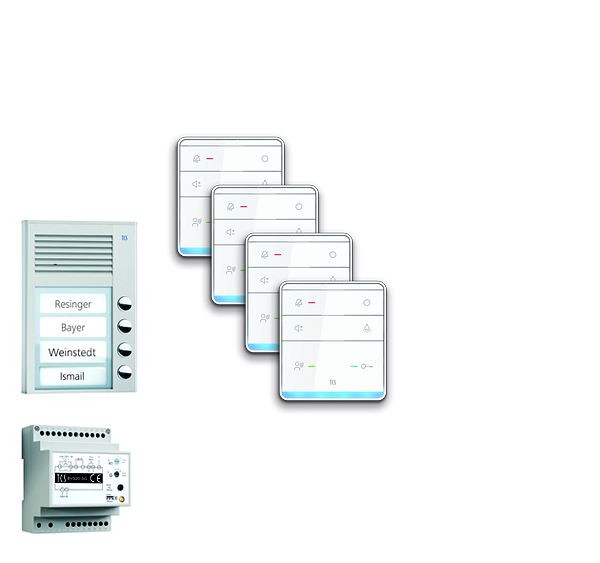Système de commande de porte audio TCS : pack AP pour 4 unités résidentielles, avec poste extérieur PAK 4 boutons de sonnerie, 4x haut-parleur mains libres ISW5010, unité de contrôle BVS20, PPAF04-EN / 01