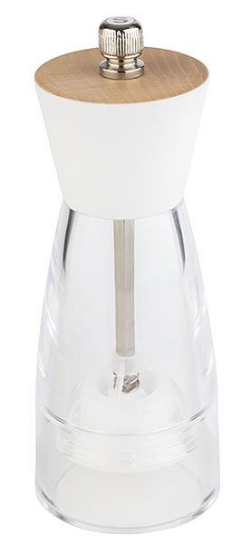 Moulin à sel APS -FRIDA-, Ø 6 cm, hauteur : 15,5 cm, acrylique, bois de hêtre, couleur : blanc / transparent, broyeur en acier inoxydable, 40550
