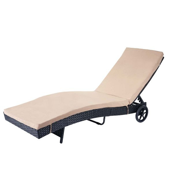 Chaise longue Mendler HWC-D80, chaise longue de jardin, chaise longue de relaxation, rotin synthétique, anthracite, coussins beiges, 64456