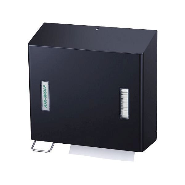 Distributeur de savon et d'essuie-tout Air Wolf, série Omega, H x L x P : 377 x 377 x 163 mm, acier inoxydable revêtu de noir mat, 29-571