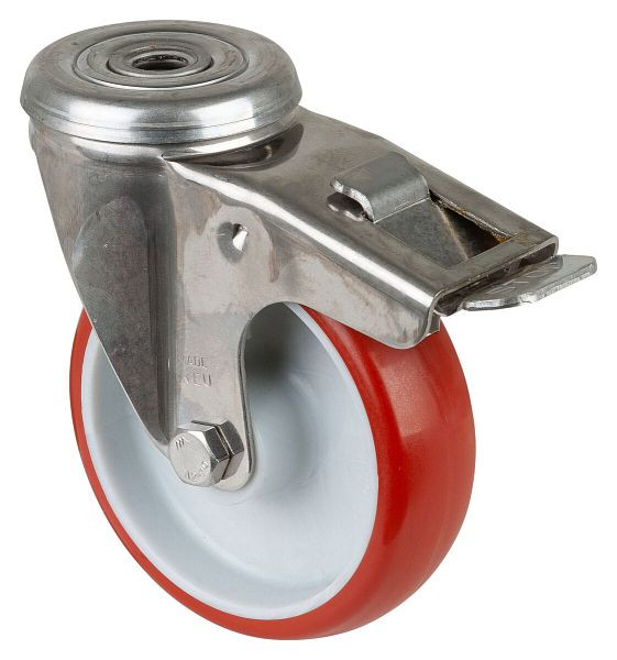 Rouleau de transport en acier inoxydable avec frein BS rollers, L30 mm, Ø100 mm, jusqu'à 130 kg, surface polyuréthane rouge, corps en plastique, palier lisse, H121.B26.100