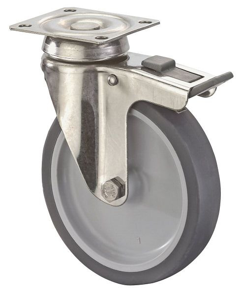 Rouleaux BS pour appareil en acier inoxydable avec frein, largeur 18 mm, Ø50 mm, jusqu'à 40 kg, caoutchouc gris, plateau, palier lisse, lot de 4, G120.A80.051