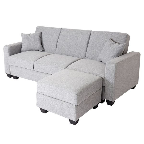 Canapé Mendler HWC-H47 avec pouf, canapé-lit d'appoint, espace de rangement pour la fonction couchage 217x145cm, tissu/textile gris clair, 89538+89539