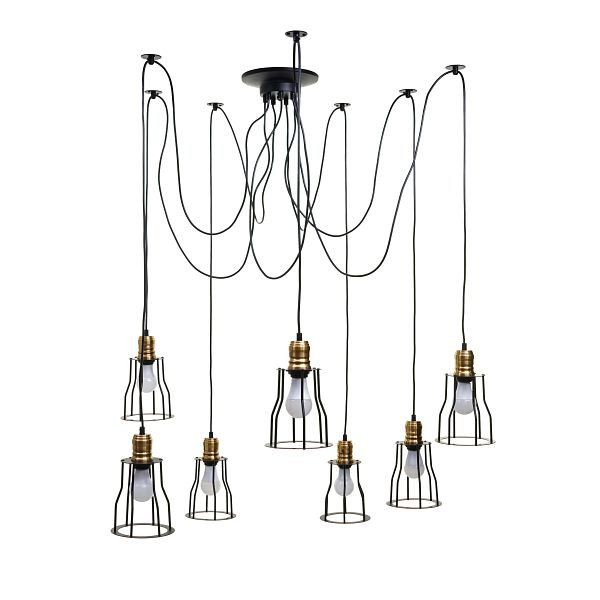 Suspension Mendler HWC-H81, lampe suspendue, métal industriel réglable en hauteur noir, abat-jour cage 7x, 74191