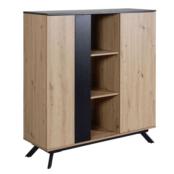 Buffet haut Wohnling 110x125x40 cm Buffet en MDF décor chêne / noir, commode avec 2 portes, commode avec étagères, armoire de couloir moderne, WL6.666