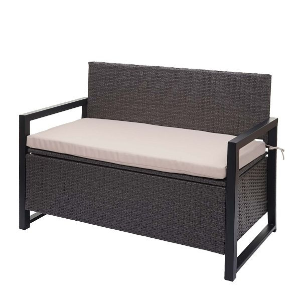 Banc 2 places en polyrotin Mendler HWC-F39, banc de jardin, banc coffre, compartiment de rangement, coussin de siège, gris, coussin beige, 76089