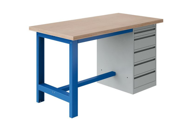 Etabli SOFAME SI, 1200x750x840mm, plateau multiplex 40 mm avec caisson bas 1 tiroir 75 + 4 tiroirs 150mm, bleu ciel RAL 5015, W010010719BI