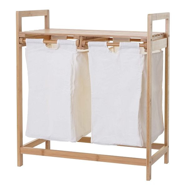 Panier à linge Mendler HWC-B83, Trieur à linge, panier à linge, bambou 2 compartiments 74x64x33cm 70l, blanc, 60731