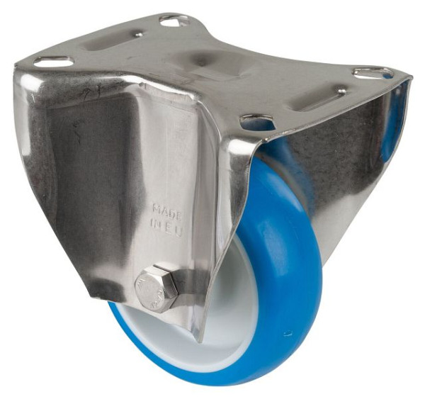Rouleau de transport en acier inoxydable BS rollers, rouleau fixe, largeur 28 mm, Ø80 mm, jusqu'à 70 kg, polyuréthane bleu, corps de roue en plastique, palier lisse, plaque, H110.B32.080