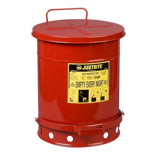 Conteneur d'élimination d'huile Justrite 900, 35,4 cm x 46,4 cm, rouge, conteneur de déchets huileux à commande au pied, JCN09300RD