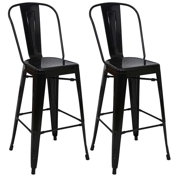 Ensemble de 2 tabourets de bar Mendler HWC-A73, tabouret de bar avec dossier, design industriel en métal, noir, 70812