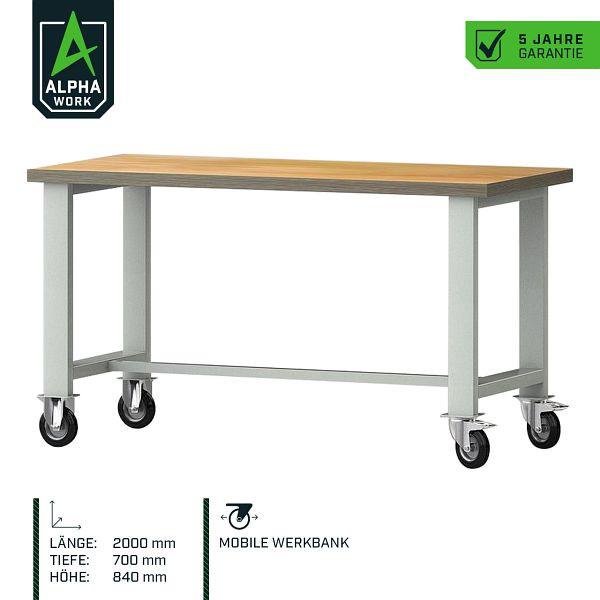 Etabli mobile Alpha Work Basic, 2000 x 840 x 700 mm, plateau en hêtre multiplex, gris clair, 2 roulettes pivotantes, 2 roulettes fixes, 07274