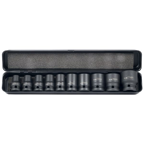 ELMAG jeu de douilles à chocs 1/2', 10 pièces, SW 9, 10, 11, 13, 14, 17, 19, 22, 24, 27 m, boîte métallique min., 42900