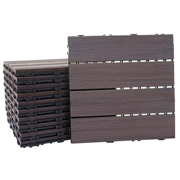Carrelage de sol Mendler WPC HWC-E20, balcon/terrasse aspect bois, structure linéaire 3D, 11x chaque 30x30cm = 1m², gaufré gris-brun, 65169