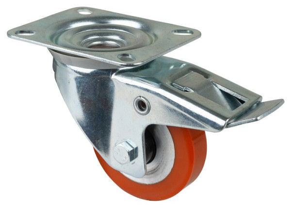 Rouleau de transport BS rollers avec frein, largeur 20 mm, Ø80 mm, jusqu'à 120 kg, bande de roulement polyuréthane coulé, corps de roue aluminium, roulements à billes, L420.B90.080