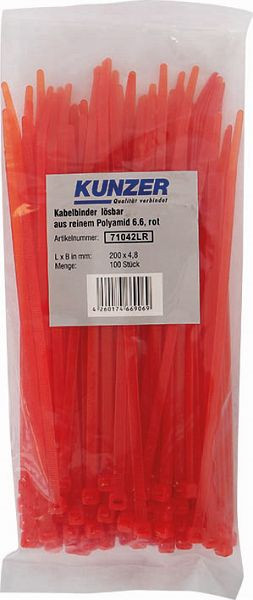 Colliers de serrage Kunzer 200 x 4,8 rouges (100 pièces) détachables, 71042LR