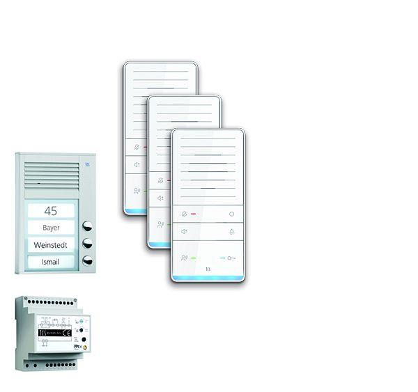 Système de commande de porte audio TCS : pack AP pour 3 unités résidentielles, avec poste extérieur PAK 3 boutons de sonnerie, 3x haut-parleur mains libres ISW5031, unité de contrôle BVS20, PAAF031 / 001