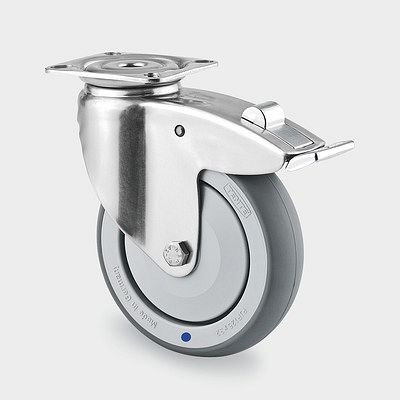 Roulette pivotante TENTE-ROLLEN avec frein, roue Ø 125 mm, capacité de charge 100 kg, hauteur hors tout 160 mm, fixation plaque, 7477PJC125P50