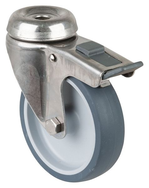 Rouleaux d'appareil en acier inoxydable BS avec frein, largeur 28 mm, Ø100 mm, jusqu'à 60 kg, surface en caoutchouc gris, palier lisse, lot de 2, G121.A80.100
