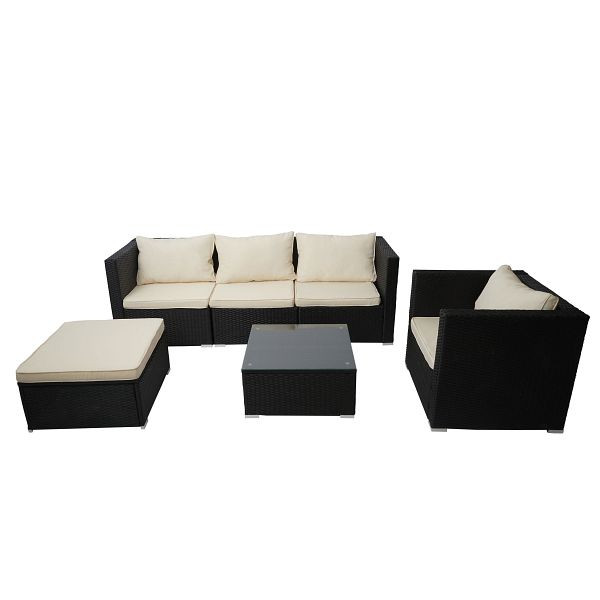 Mendler Brescia ensemble en rotin poly, ensemble de jardin, ensemble de salon canapé, noir, coussins crème, 76297+76298+76299