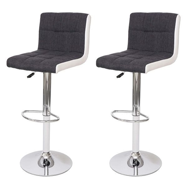Mendler set de 2 tabourets de bar HWC-G87, tabouret de comptoir, tabouret de bar, réglable en hauteur, tissu/textile gris foncé + simili cuir blanc, base chromée, 72235