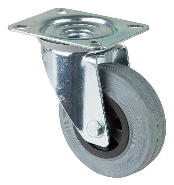 Rouleau de transport BS rollers, largeur de roue 30 mm, roue Ø 100 mm, capacité de charge 70 kg, caoutchouc gris, roulement à rouleaux, plaque, lot de 4, L400.B46.100