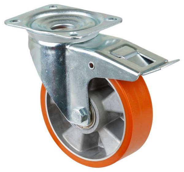 Rouleau de transport BS rollers avec frein, largeur 50 mm, Ø160 mm, jusqu'à 300 kg, bande de roulement en polyuréthane coulé, corps en aluminium, roulements à billes, L420.B90.160