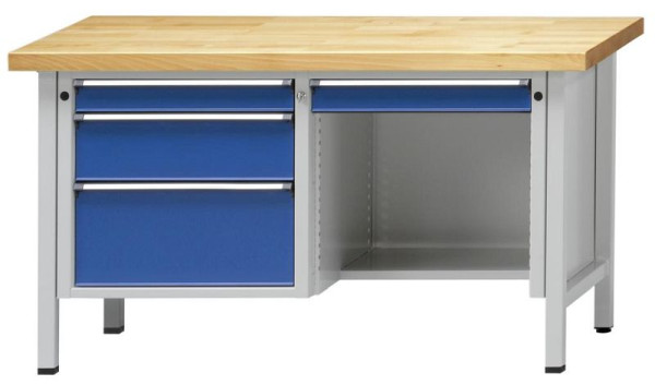 Établi d'armoire ANKE; 1500x700mm; RAL7035 / 5010; A gauche 3 tiroirs 90, 180, 270 mm; Droit 1 tiroir; Plancher en retrait, modèle 348 V