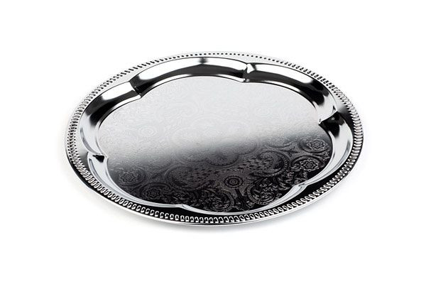Plateau de fête APS, rond, Ø 35 cm, métal nickelé et chromé brillant, surface intérieure ciselée, bord roulé, lot de 48, 00393