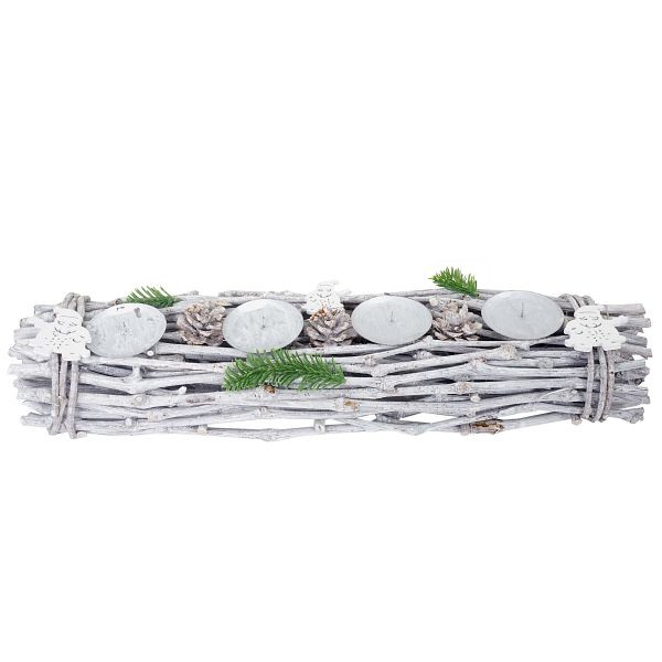 Couronne de l'Avent Mendler allongée, décoration de Noël Arrangement de l'Avent, bois 60x16x9cm blanc-gris, sans bougies, 51909