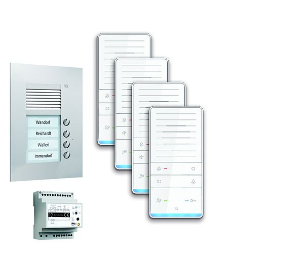 Système de commande de porte audio TCS : pack UP pour 4 unités d'habitation, avec poste extérieur PUK 4 boutons de sonnerie, 4x haut-parleur mains libres ISW5031, unité de commande BVS20, PAUF041 / 001