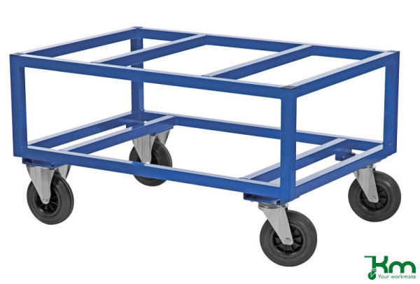 Chariot à palettes Kongamek, 2 roulettes fixes et 2 pivotantes en caoutchouc plein, bleu, 1200 x 800 x 650 mm, KM221-B