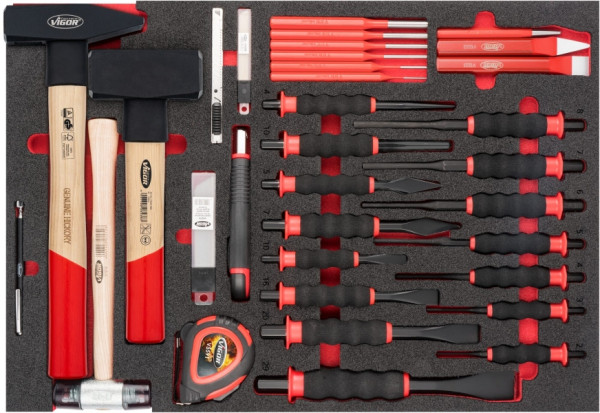 Coffret marteau, burin et chasse-goupilles VIGOR, nombre d'outils : 51, V6817