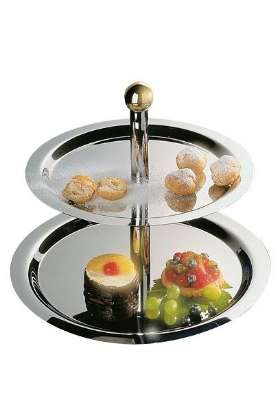 APS Etagère, 2 niveaux -FINESSE-, Ø 38/32 cm, hauteur : 30 cm, inox 18/0, poignée boule en laiton, tubes chromés brillant, 33238
