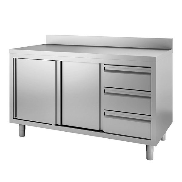 Armoire de travail inox Gastro-Inox avec portes tournantes, 3 tiroirs et dosseret, 1600 x 700 x 800 mm, 302.365