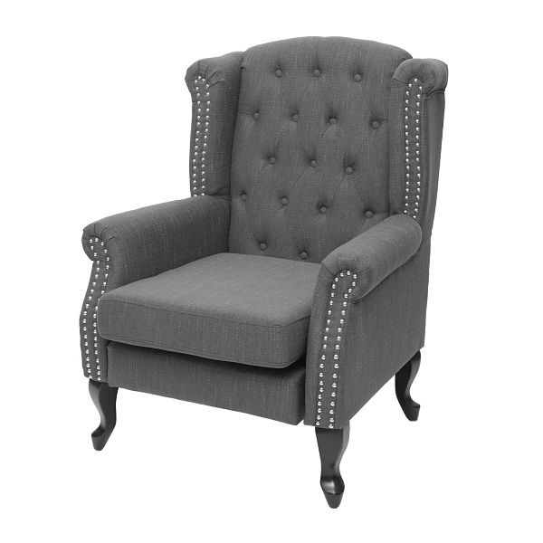 Fauteuil Mendler Chesterfield, fauteuil relax fauteuil club fauteuil à oreilles, tissu/textile déperlant, gris foncé sans pouf, 75300+75301