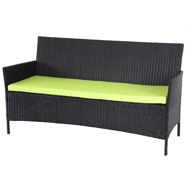 Banc de jardin 3 places en rotin synthétique Mendler Halden, banc, anthracite, coussins verts, 64283