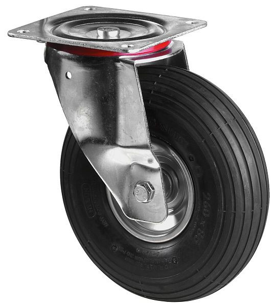 Rouleau de transport BS rollers, largeur de roue 85 mm, roue Ø 260 mm, capacité de charge 200 kg, roue pneumatique en caoutchouc noir, jante en acier du corps de roue, roulement à rouleaux, L400.C90.260