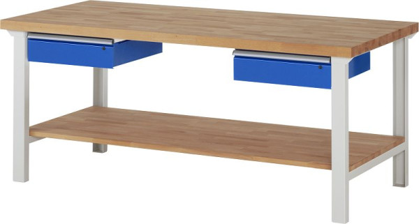 Etabli RAU série 7000 - conception modulaire, 2 tiroirs bas, étagère en hêtre massif, 2000x840x900 mm, 03-7002A7-209B4S.11