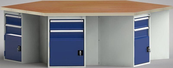 Etabli standard KLW de forme hexagonale avec plateau multiplex en hêtre de forme hexagonale 2338 x 2700 x 40 mm L x l x P, WS620N-1350M40-E8006