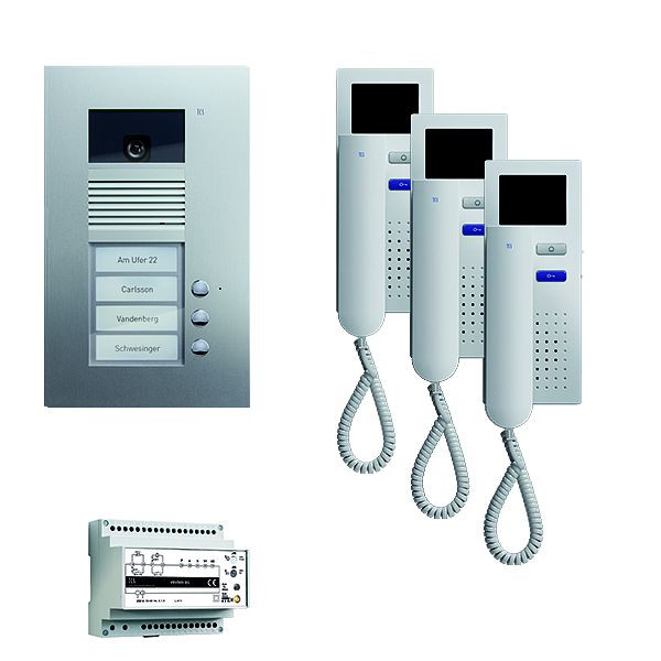 Vidéo du système de commande de porte TCS : pack UP pour 3 unités d'habitation, avec platine de rue AVU 3 boutons de sonnerie, 3x visiophone IVH3222, commande, PVU1630-0010