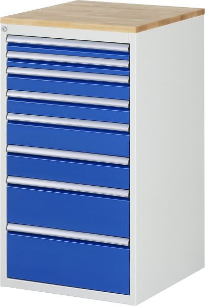Armoire à tiroirs RAU série 7000, L580xP650xH1035mm, tiroirs : 2xH60, 2xH90, 2xH120, 1xH180, 1xH210mm, plan de travail en hêtre massif, 03-L7.11A-B.11