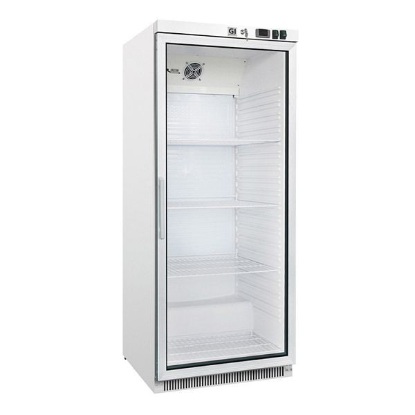 Réfrigérateur gastro-inox en acier blanc avec porte vitrée 600 litres, refroidi statiquement avec ventilateur, capacité nette 580 litres, 204.004