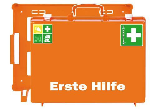 Trousse de secours DENIOS avec remplissage selon DIN 13169, avec support mural, orange, 116-585