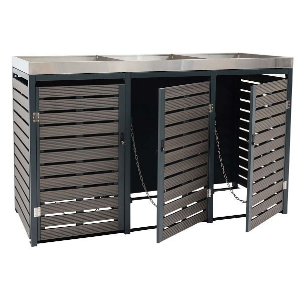 Mendler HWC-K14 Revêtement de poubelle à roulettes à 3 voies, poubelle à roulettes avec jardinière, 112x63x78cm acier inoxydable WPC 107kg, anthracite, 87616+87617+87618